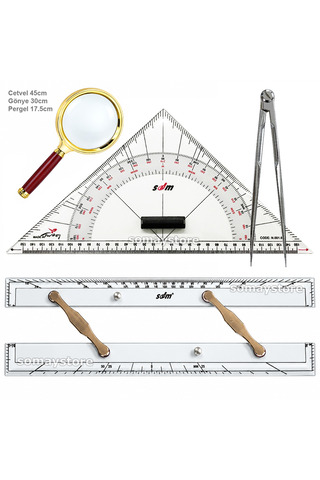 SomayStore Tekne Navigasyon Kiti, 4'lü Set Cetvel - Gönye - Kromaj Kör Pergel - Sarı Büyüteçli