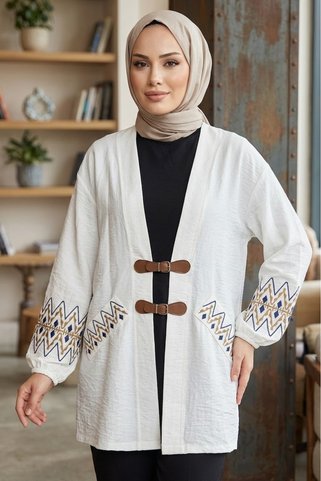 TOFİSA Önü Kemerli Nakışlı Kimono Beyaz - 28488-BEYAZ