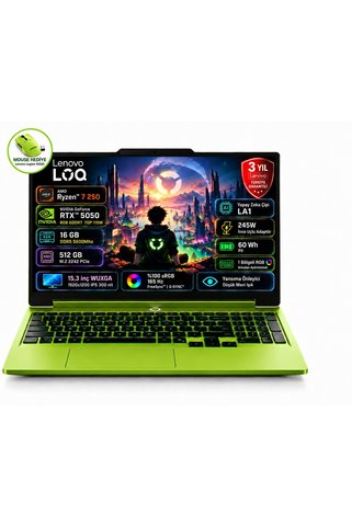 LENOVO LOQ 15AHP11 AMD Ryzen 7 250 16GB 512GB SSD RTX 5050 8GB (115W) 15.3" WUXGA (1920x1200) IPS 165Hz Freedos Taşınabilir Bilgisayar 83TN00A3TR