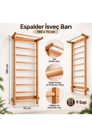 DizyWood Barfiksli Ahşap İsveç Merdiveni Espalder 9 Basamak Duvar Tipi 180x70 cm