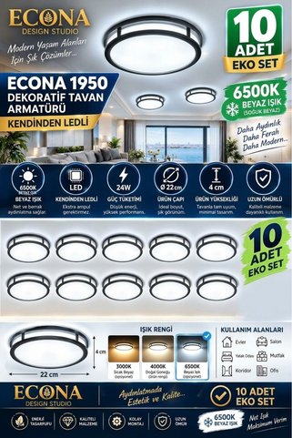ECONA 10 ADET -BEYAZ Aydınlatma Glop Armatürü Led Avize Aplik Balkon Banyo Koridor Lambası Led Güçlü Işık,24W,TAVAN LAMBASI