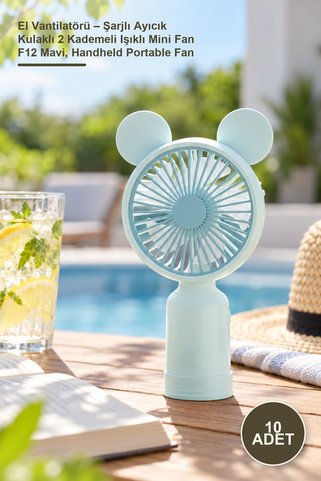 Yenilig 10 Adet El Vantilatörü – Şarjlı Ayıcık Kulaklı 2 Kademeli Işıklı Mini Fan F12 Mavi, Handheld Portable Fan