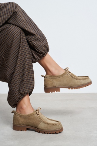 NİŞANTAŞI SHOES Rams Rome Bej Süet Deri Bağcık Detay Tırtıklı Kalın Taban Kadın Loafer