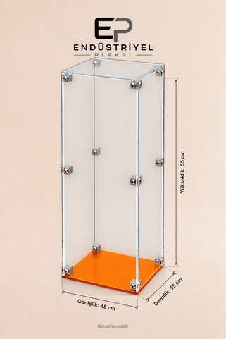 ep endustriyel pleksi 45x55x55 cm Dikey Şeffaf Pleksi Display Box Premium Vitrin Ürün Sergileme Kutusu Turuncu Taban