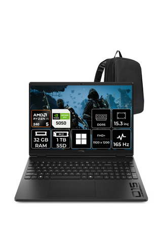 HP HyperX OMEN 15-GB0011NT AMD Ryzen 5 240 RTX 5050 8GB 32GB RAM 1TB SSD 15.3" WUXGA (1920x1200) 165Hz IPS Win11 Pro D2QW7EAP321 Gaming Laptop + PER4 Çanta