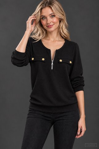 Modayakamoz Kadın Uzun Kollu Yakadan Fermuarlı Süs Cepli Detaylı Waffle Bluz