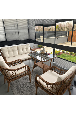 Tu Tienda MİNİMAL BALKONLAR ÖZEL KAŞ GALVANİZ 2+1+1+SEHPA BAHÇE BALKON MOBİLYASI,KAHVE RATTAN/KREM KUMAŞ