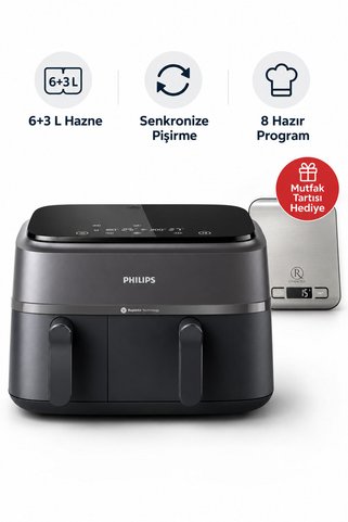 Philips 3000 Çift Hazneli Airfryer 6+3 L Hazne Senkronize Pişirme Mutfak Tartısı Hediye