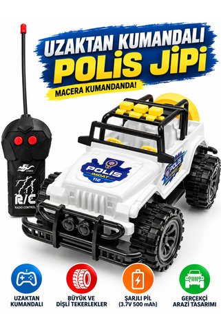 Janissary Uzaktan Kumandalı Polis Jeep Oyuncak Araba – 27 MHz Şarjlı Arazi Aracı – 4x4 Görünümlü Büyük Tekerlekli Off Road Polis Jipi – Beyaz