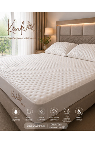KONFOR TEKSTİL Konfor PAMUKLU Opulent Takım Fitted Sıvı Geçirmez Ses yapmayan,Terletmeyen Kapitoneli Koruyucu Yatak Pedi özellikli alez takımı YATAK ALEZİ+2 yastık alezli