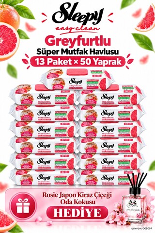 Sleepy Easy Clean Greyfurtlu Süper Mutfak Havlusu 13 lü Mega Set 50 Yaprak - Rosie Oda Kokusu Hediyeli