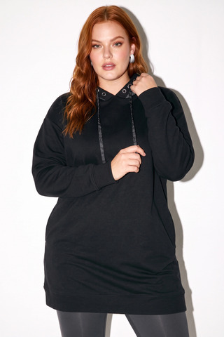 Shape Of You Büyük Beden Kadın Kapüşonlu Kuşgözü Detaylı Uzun Sweatshirt