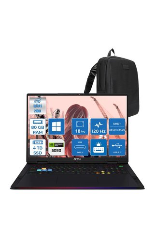 MSI Raider 18 Max HX Core Ultra 9 290HX Plus 80GB 4TB SSD RTX 5090 18" W11HM 1059TRH18 + Zetta Çanta