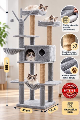 PATİSTORE Budapeste Gri Çok Katlı Yıkanabilir Wellsoft Kumaş Ağır MDF Taban Kedi Tırmalama Ve Oyun Evi Kedi Ağacı