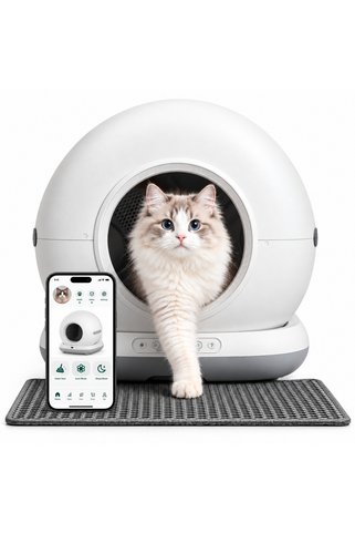 Haustier CB001 Akıllı Otomatik Kedi Tuvaleti, 75lt Hazneli, 45 Adet Çöp Torbası + Elekli Paspas