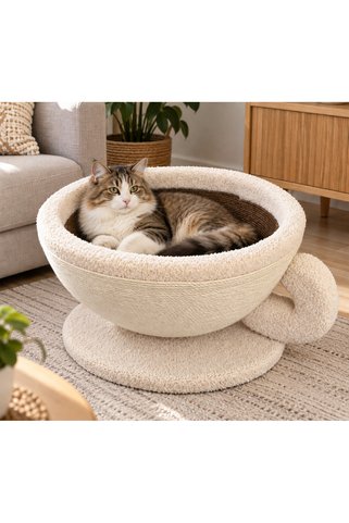 PUREZA Kahve Fincanı Tasarımlı Kedi Yatağı & Sisal Tırmalama Yüzeyli Dekoratif Peluş Kedi Evi