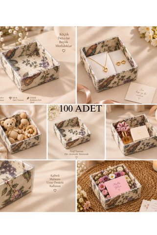Dora Accessories 100 Adet 8x8x3 Desenli Selefonlu Doğa Temalı Asetat Kutu Düğün Nişan Kına Hediyelik Kutu Kargo Kutusu