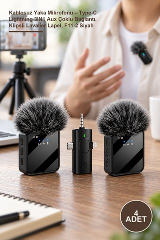 Yenilig 4 Adet Kablosuz Yaka Mikrofonu – Type-C Lightning 3IN1 Aux Çoklu Bağlantı, Klipsli Lavalier Lapel, F11-2 Siyah