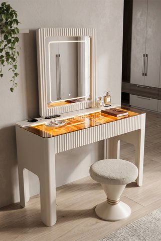 Eymense Area Ses Sistemli Dokunmatik LED Işıklı Aynalı Camlı %100 MDF Puflu Makyaj Masası