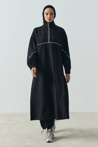 QANU Liva Yırtmaçlı Sweat Elbise Siyah