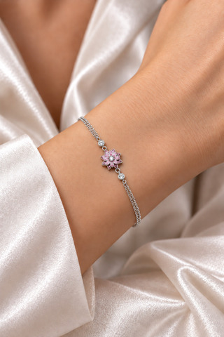 ÇEKİRDEK JEWELRY 925 Ayar Gümüş Pembe Lotus Çiçeği Taşlı Kadın Bileklik Zarif Şık Tasarım