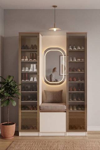 Eymense Rino LED Aynalı Oturma Alanlı Cam Kapaklı %100 MDF Üçlü Portmanto