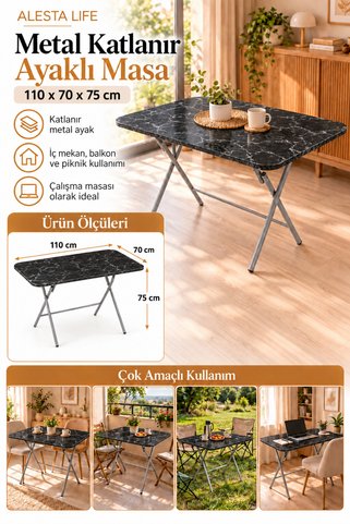 Alesta Life Siyah Mermer Desenli Katlanabilir Masa 70x110 Cm