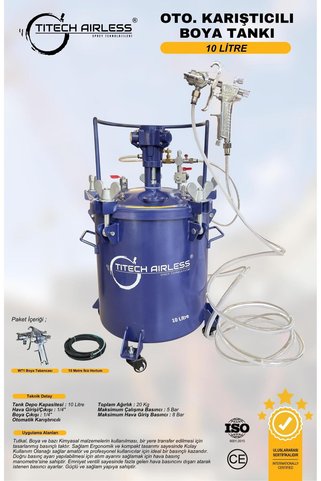Titech Airless Sprey Teknolojileri 10 Lt Otomatik Karıştırıcılı Teflon Kaplı Basınçlı Boya Tankı