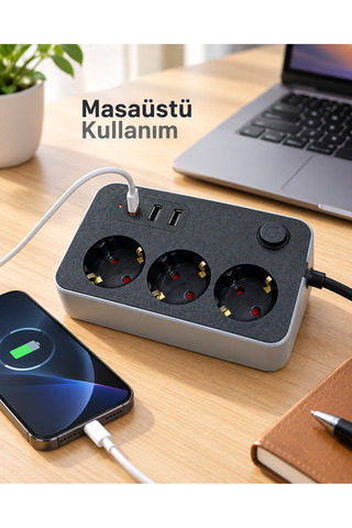 la boom Masaüstü Kullanıma Uygun Anahtarlı Usb Ve Type C Çıkışlı Termal Akım Korumalı Priz