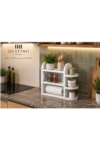 QUATTRO HOME Beyaz Mutfak Tezgah Üstü Düzenleyici Raf ve Kağıt Havlu Askısı-43x40 cm boyut