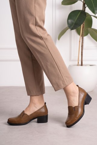 Dericalle shoes Hakiki Deri Kadın Klasik Ayakkabı Taba Orta Topuk Rahat Günlük Ofis Loafer
