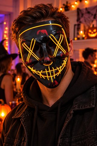 DODOMAR Halloween Cadılar Bayramı Vendetta Siyah Neon Turuncu Işıklı Maske 21 Cm