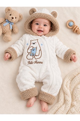 Nehad Bebe Beyaz Ayıcık Nakışlı Kulaklı Kapüşonlu Fermuarlı Peluş Bebek Tulumu