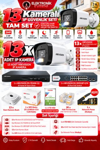 Hikvision 13 Kameralı 2 MP IP PoE Güvenlik Kamera Seti – Sesli Kayıt, Smart Hybrid Light, Renkli Gece Görüş, 16 Kanal NVR, 4 TB HDD, 305 Metre Cat6, Tam Set