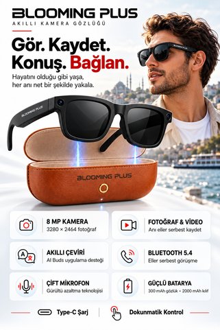 Blooming Plus 8 MP Kameralı Akıllı Gözlük Bluetooth 5.4 AI Çeviri Destekli Şarj Kılıflı Siyah Gözlük