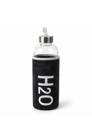 Deconox Peluş Kılıflı Cam Matara 600 ml, Siyah H2O Nakışlı Kılıf, Taşıma Askılı Metal Görünümlü Vida