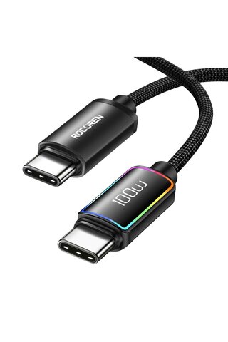 Rocoren 100W Type-C to Type-C RGB Aydınlatmalı Örgülü Şarj ve Data Kablosu 2 Metre