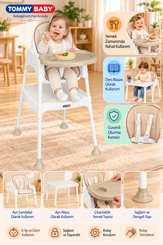 Tommybaby 3 in 1 Çalışma Masalı ve Pedli Mama Sandalyesi