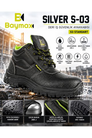Baymax SILVER S-03 S3 Çelik Burunlu ve Çelik Ara Tabanlı Suya Dayanıklı Deri İş Güvenlik Botu