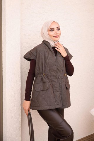İmajButik Kahverengi Bel Lastikli Kapitone Yelek