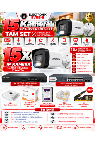 Hikvision 16 Kameralı 2 MP IP PoE Güvenlik Kamera Seti | Sesli Kayıt, Smart Hybrid Light, Renkli Gece Görüş, 16 Kanal NVR, 1 TB HDD, 305 Metre Cat6, Tam Set