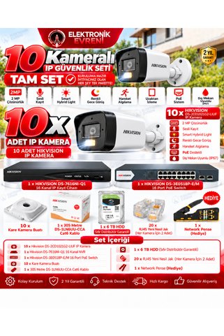 Hikvision 10 Kameralı 2 MP IP PoE Güvenlik Kamera Seti – Sesli Kayıt, Smart Hybrid Light, Renkli Gece Görüş, 16 Kanal NVR, 6 TB HDD, 305 Metre Cat6, Tam Set