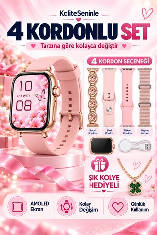 KALİTESENİNLE Watch 10 Mini Premium Set Amoled Akıllı Saat Kadın Kol Saati 4 Kordonlu Bileklik Hediyeli