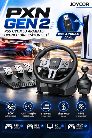 JOYCOR PXN GEN 2 PS5 Uyumlu Aparatlı Oyuncu Direksiyon Seti 3 Pedallı Vites Kollu PS4 PC Xbox One S/X Uyumlu