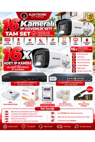 Hikvision 15 Kameralı 2 MP IP PoE Güvenlik Kamera Seti | Sesli Kayıt, Smart Hybrid Light, Renkli Gece Görüş, 16 Kanal NVR, 1 TB HDD, 305 Metre Cat6, Tam Set