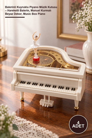Yenilig 4 Adet Balerinli Kuyruklu Piyano Müzik Kutusu – Hareketli Balerin, Manuel Kurmalı Beyaz Dekor, Music Box Piano