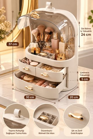 MAKRİ HOME 3 Çekmeceli Kırılmaz Kapaklı Babol Makyaj Organizeri, Cappucino, 29 × 20 × 38 cm, 1900 gram