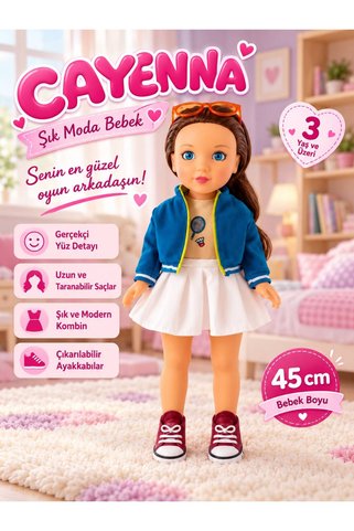 cayenna 45 cm Gerçekçi Et Bebek Uzun Saçlı Hareketli Kollu ve Bacaklı Çıkartılabilir Kıyafetli Oyuncak Bebek