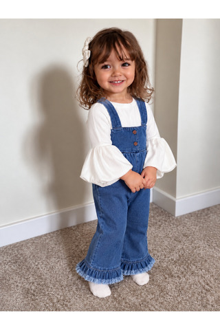 Jammybaby Palazzo Jean Kot Salopet Tulum %100 Pamuk Likralı Ribana Balon Bluz Lüks Püsküllü Kız Bebek Takım