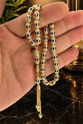 Duende Silver 14 Ayar Altın Kaplama Tesbih -Siyah Mineli Tesbih - Arpa Kesim Tesbih - Tesbih Hediye - Füzyon Tesbih